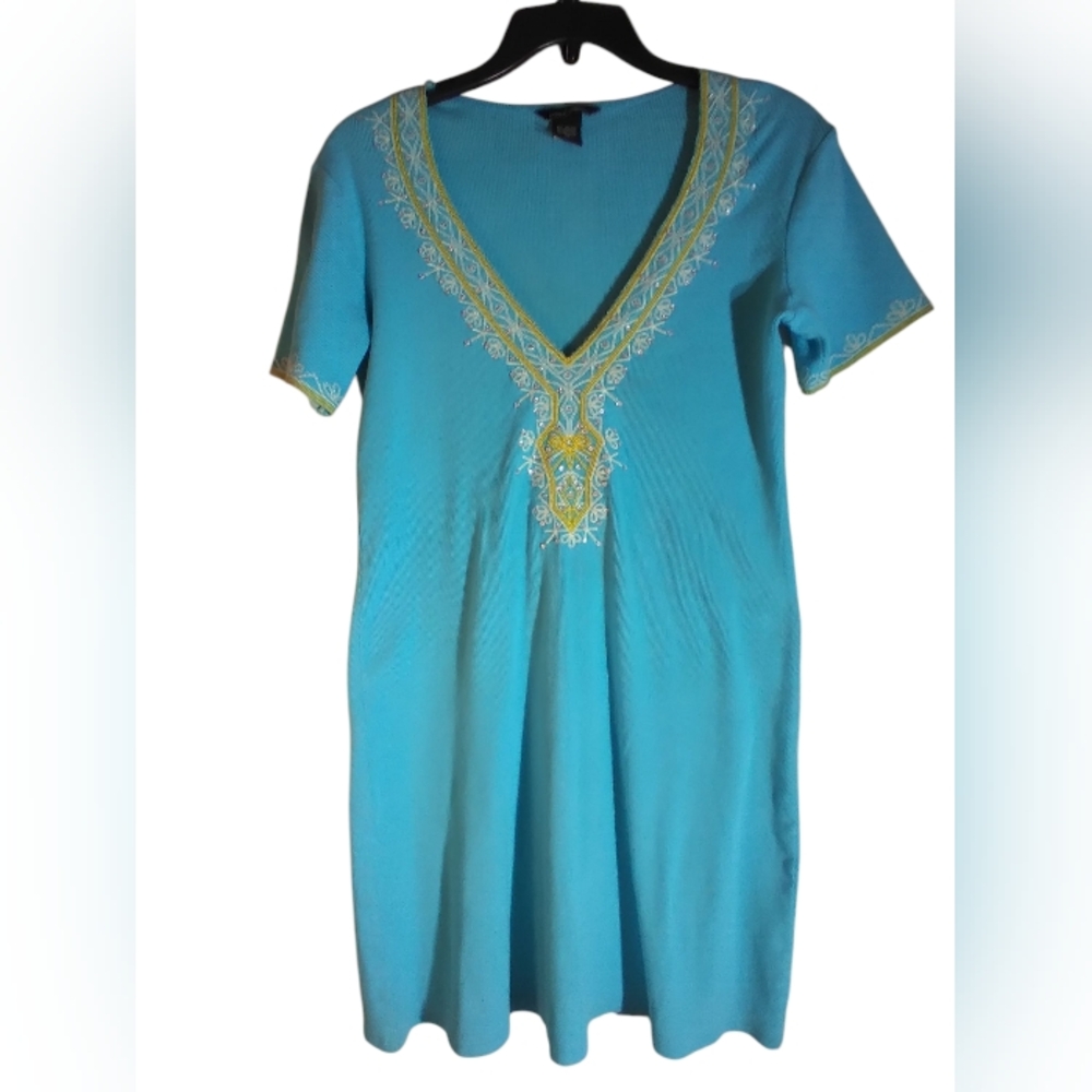Moda Blue Dress with Gold Embroidery Size M Stretchy Beachy Boho Vacation Lounge